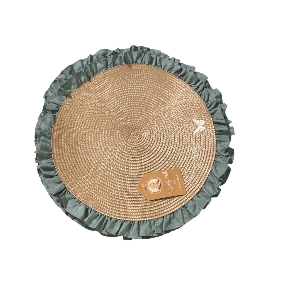 7-Dolly Parton Round Placemat Woven Straw Blue Ruffle Butterfly Tableware